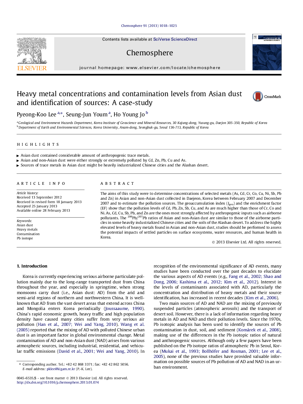 Heavy metal concentrations and contamination levels from Asian dust and identification of sources: A case-study