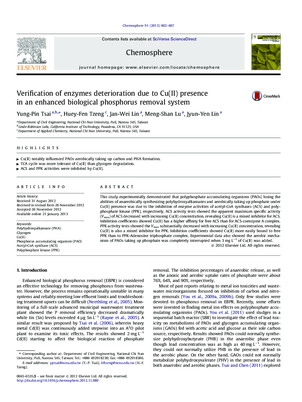 Verification of enzymes deterioration due to Cu(II) presence in an enhanced biological phosphorus removal system