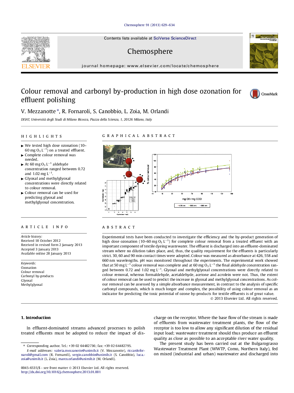 عکس صفحه اول مقاله: Colour removal and carbonyl by-production in high dose ozonation for effluent polishing Colour removal and carbonyl by-production in high dose ozonation for effluent polishing