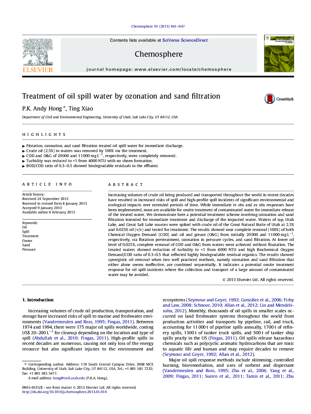 Treatment of oil spill water by ozonation and sand filtration