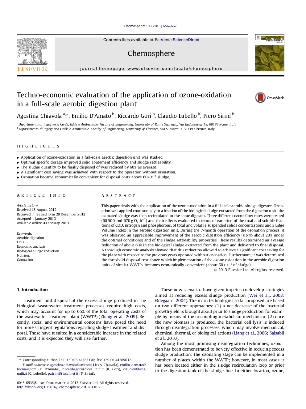 عکس صفحه اول مقاله: Techno-economic evaluation of the application of ozone-oxidation in a full-scale aerobic digestion plant Techno-economic evaluation of the application of ozone-oxidation in a full-scale aerobic digestion plant
