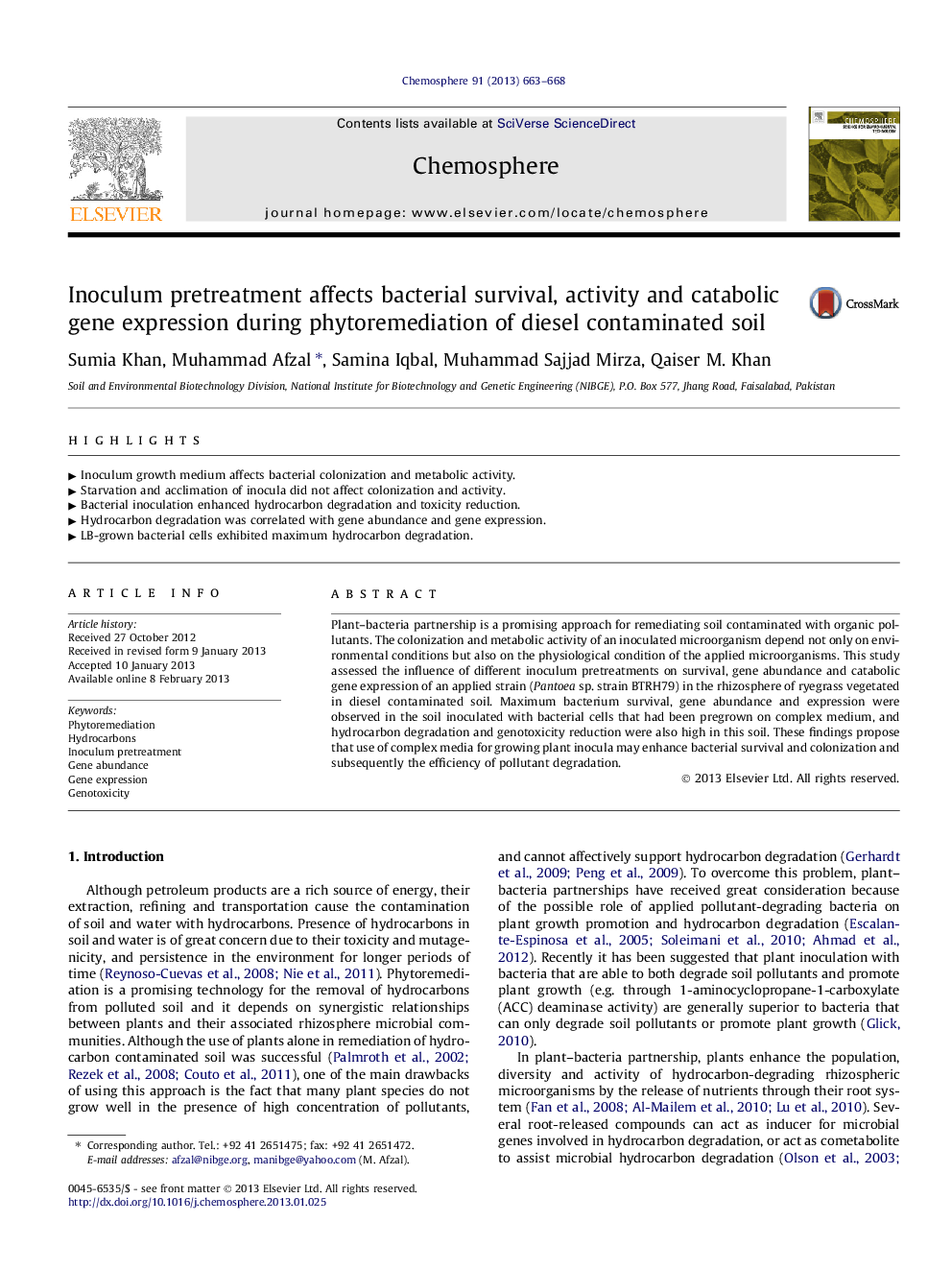 Inoculum pretreatment affects bacterial survival, activity and catabolic gene expression during phytoremediation of diesel contaminated soil