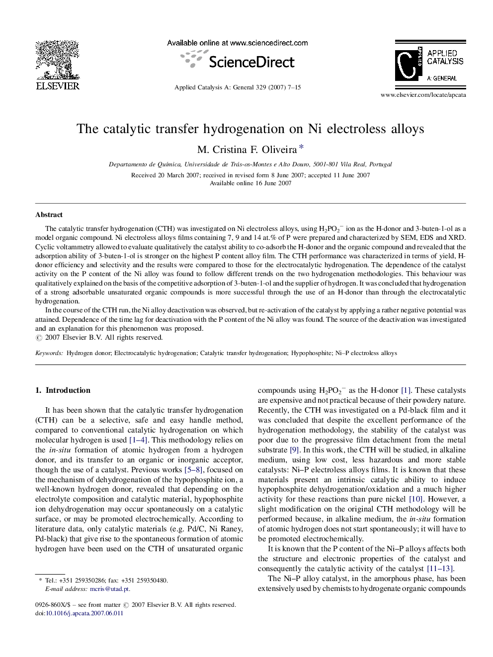 The catalytic transfer hydrogenation on Ni electroless alloys