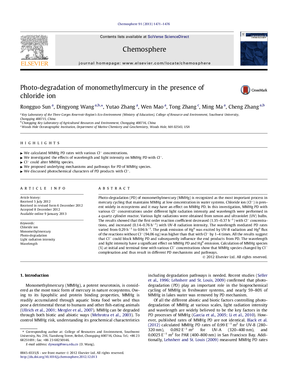Photo-degradation of monomethylmercury in the presence of chloride ion