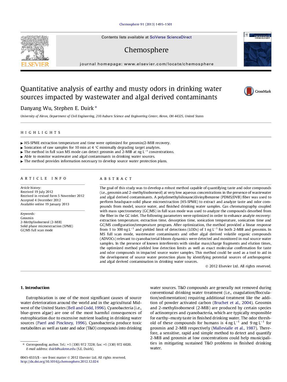 Quantitative analysis of earthy and musty odors in drinking water sources impacted by wastewater and algal derived contaminants