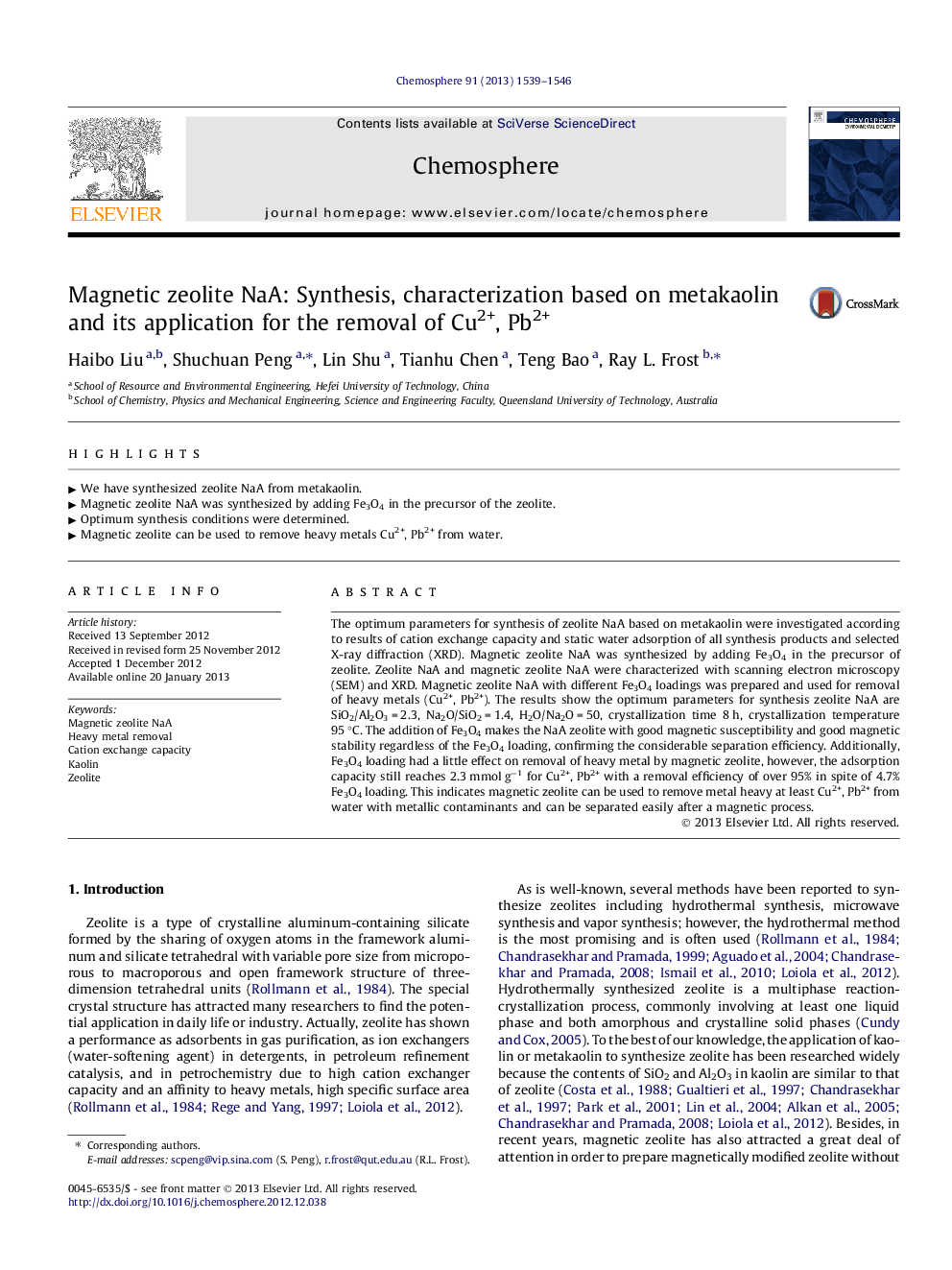 Magnetic zeolite NaA: Synthesis, characterization based on metakaolin and its application for the removal of Cu2+, Pb2+