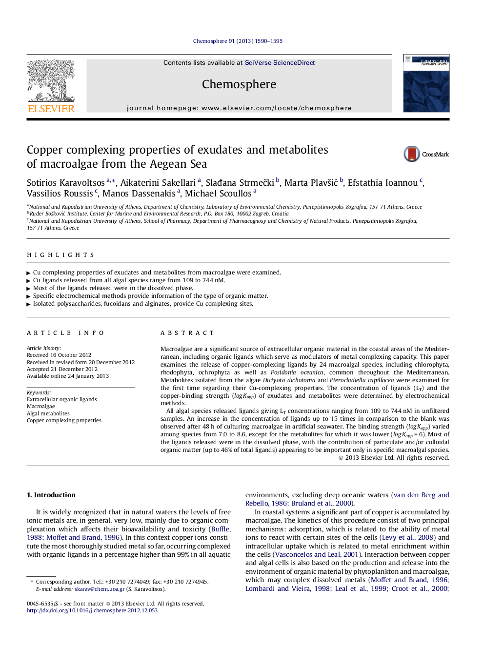 Copper complexing properties of exudates and metabolites of macroalgae from the Aegean Sea