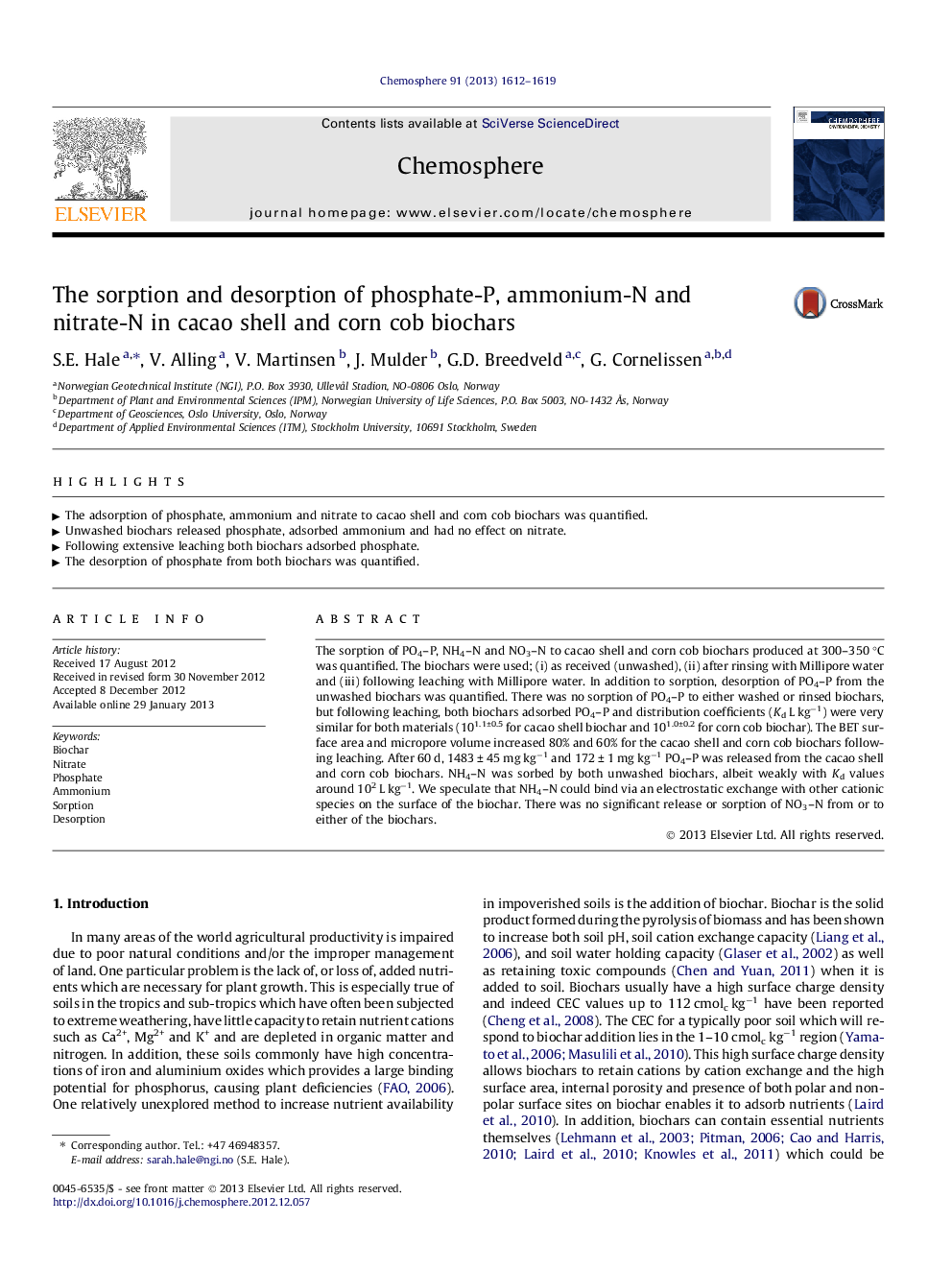 The sorption and desorption of phosphate-P, ammonium-N and nitrate-N in cacao shell and corn cob biochars