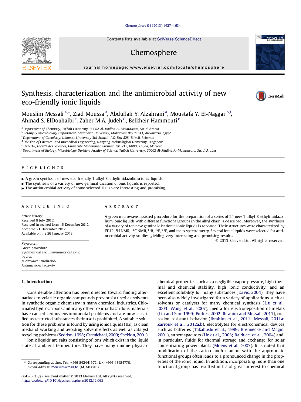 Synthesis, characterization and the antimicrobial activity of new eco-friendly ionic liquids