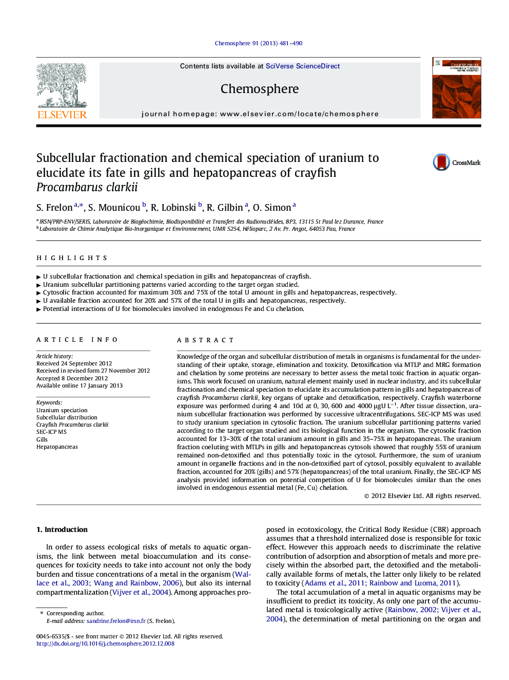 Subcellular fractionation and chemical speciation of uranium to elucidate its fate in gills and hepatopancreas of crayfish Procambarus clarkii