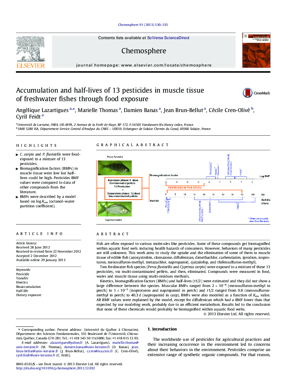 Accumulation and half-lives of 13 pesticides in muscle tissue of freshwater fishes through food exposure