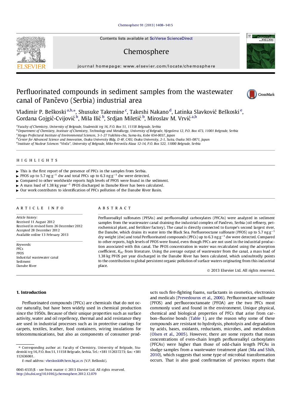 Perfluorinated compounds in sediment samples from the wastewater canal of Pančevo (Serbia) industrial area