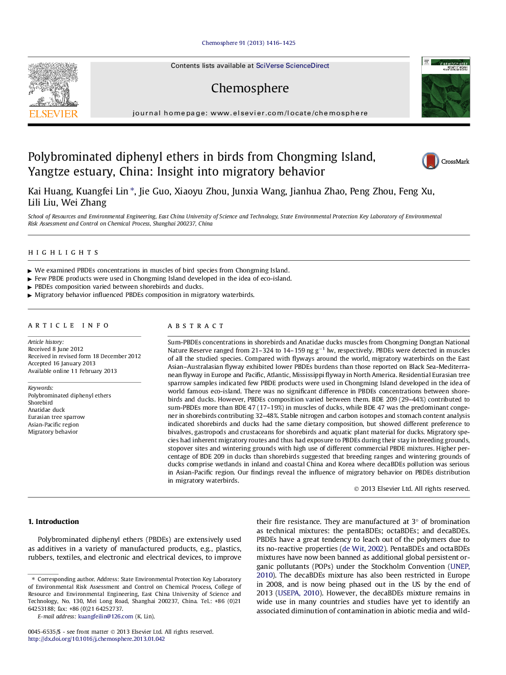 Polybrominated diphenyl ethers in birds from Chongming Island, Yangtze estuary, China: Insight into migratory behavior