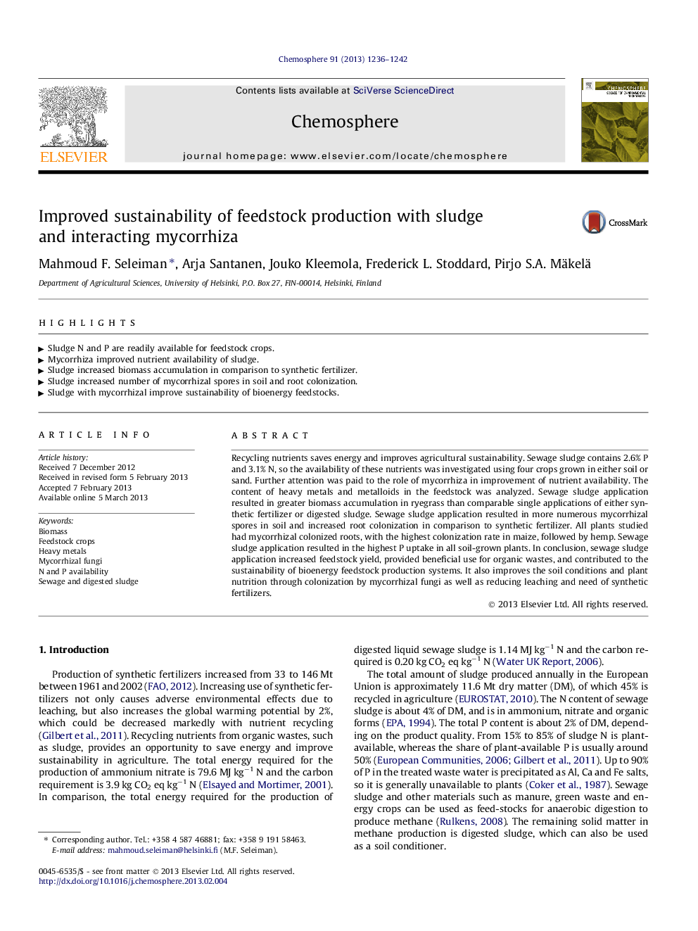 Improved sustainability of feedstock production with sludge and interacting mycorrhiza