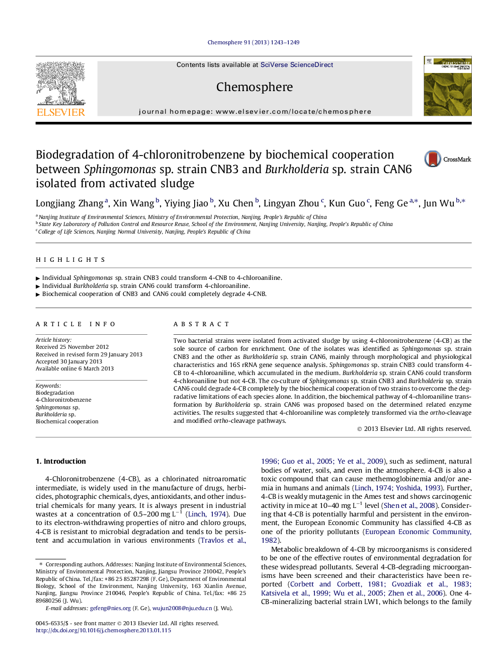 Biodegradation of 4-chloronitrobenzene by biochemical cooperation between Sphingomonas sp. strain CNB3 and Burkholderia sp. strain CAN6 isolated from activated sludge