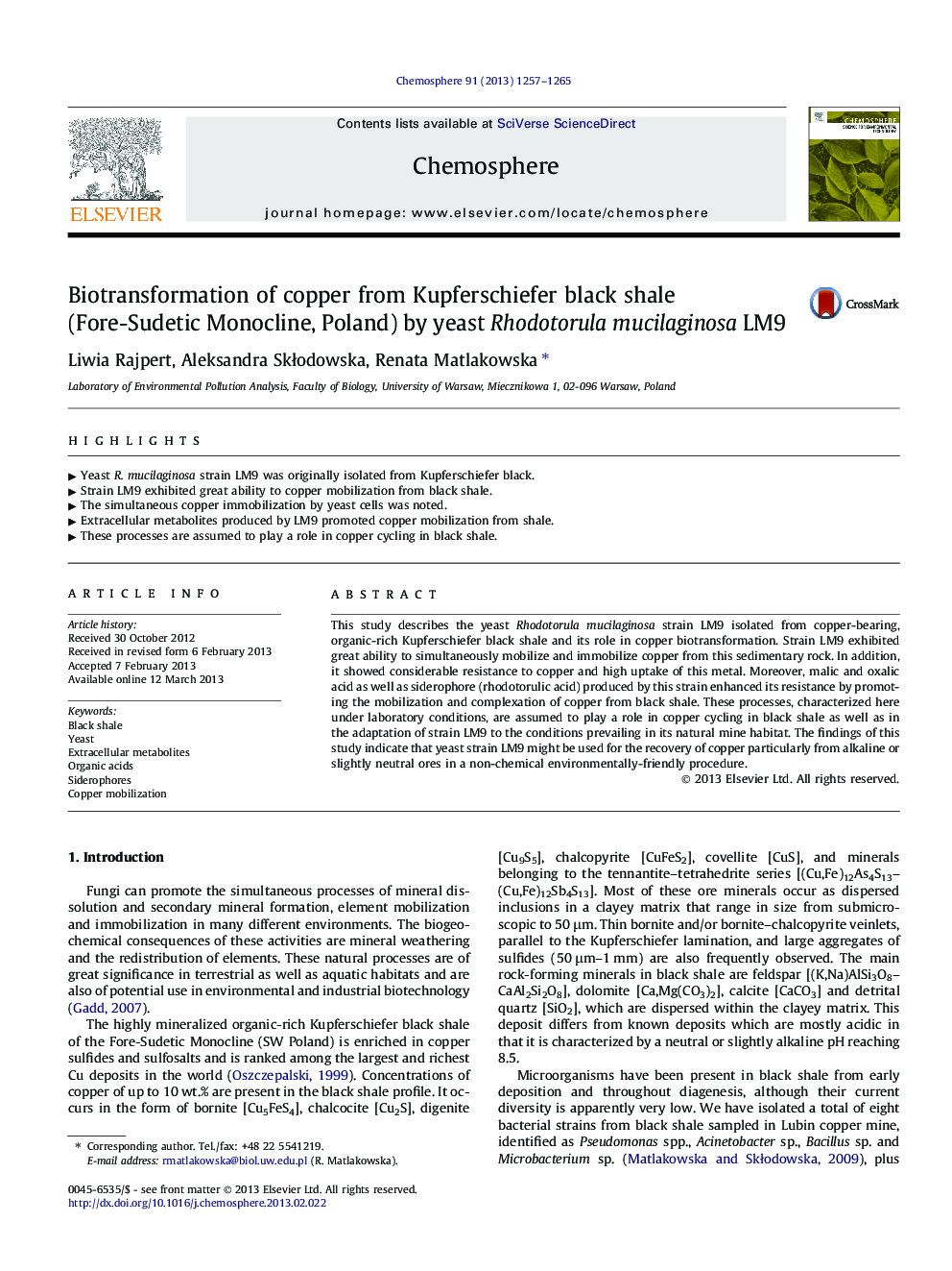 Biotransformation of copper from Kupferschiefer black shale (Fore-Sudetic Monocline, Poland) by yeast Rhodotorula mucilaginosa LM9