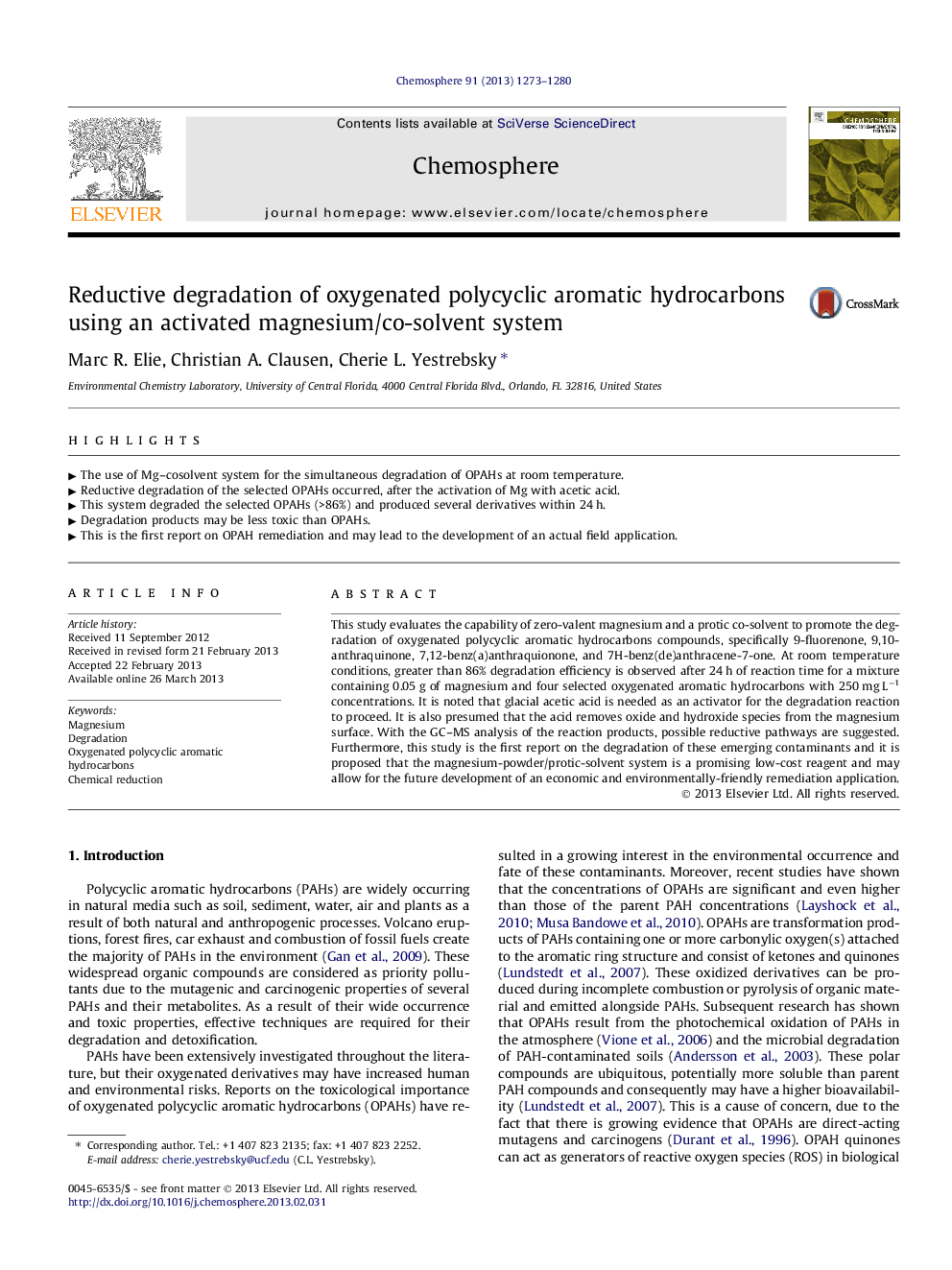 Reductive degradation of oxygenated polycyclic aromatic hydrocarbons using an activated magnesium/co-solvent system