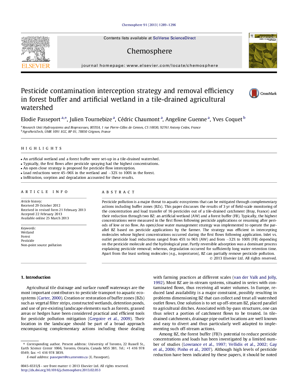 Pesticide contamination interception strategy and removal efficiency in forest buffer and artificial wetland in a tile-drained agricultural watershed