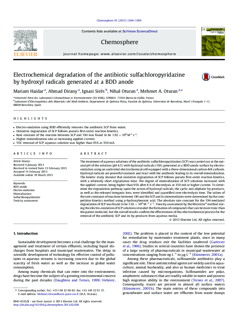 Electrochemical degradation of the antibiotic sulfachloropyridazine by hydroxyl radicals generated at a BDD anode