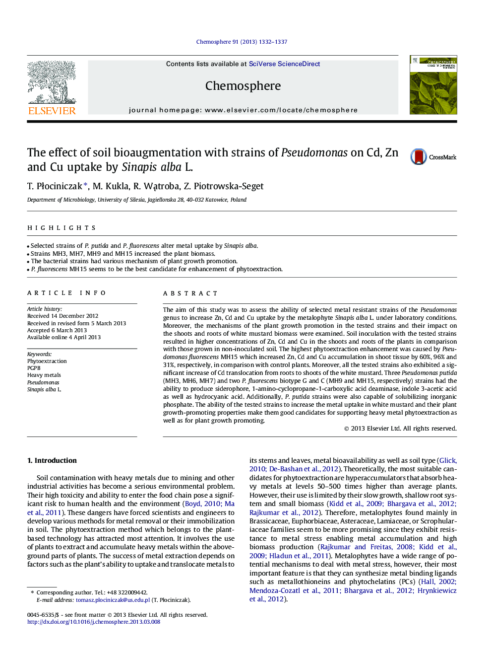 The effect of soil bioaugmentation with strains of Pseudomonas on Cd, Zn and Cu uptake by Sinapis alba L.