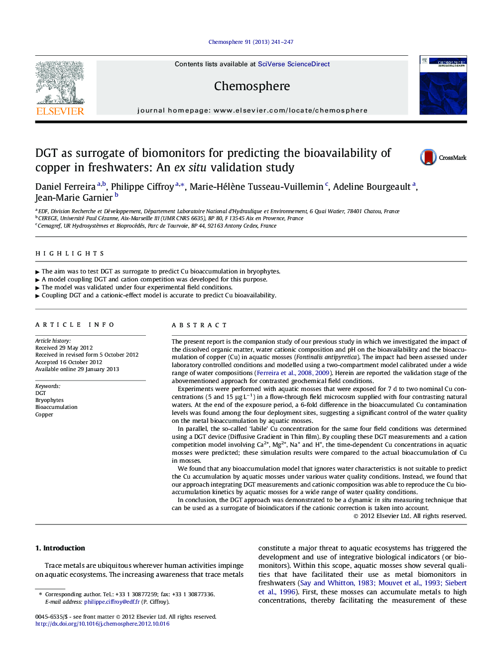 DGT as surrogate of biomonitors for predicting the bioavailability of copper in freshwaters: An ex situ validation study