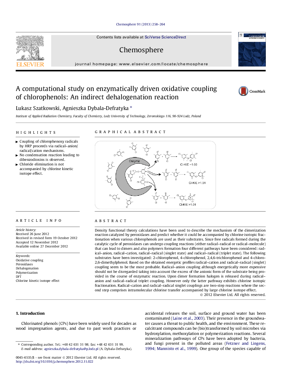 A computational study on enzymatically driven oxidative coupling of chlorophenols: An indirect dehalogenation reaction