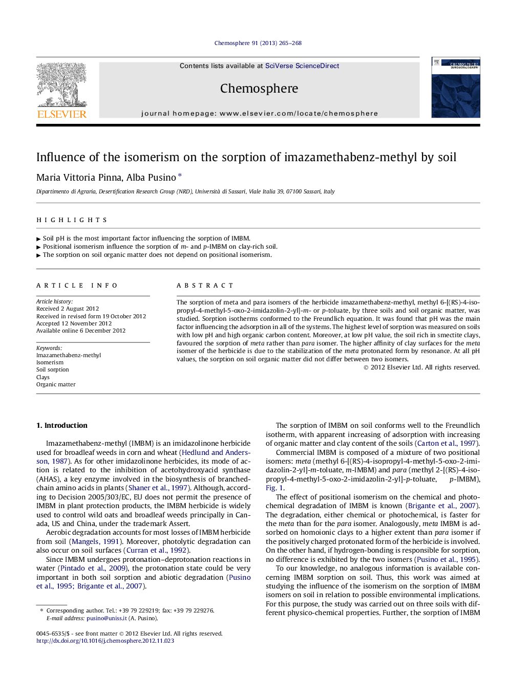 Influence of the isomerism on the sorption of imazamethabenz-methyl by soil