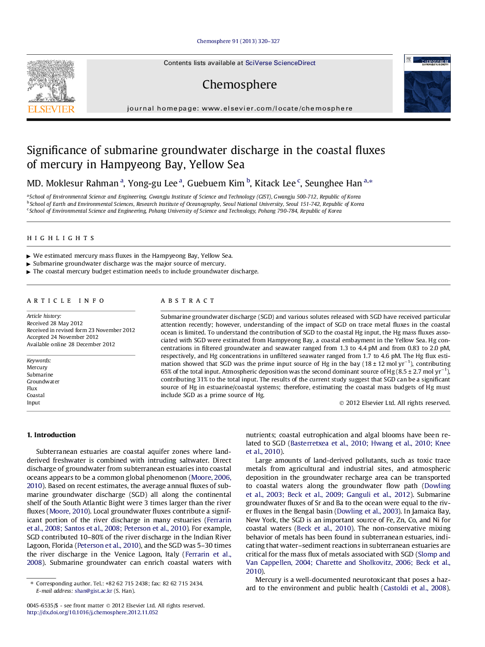 Significance of submarine groundwater discharge in the coastal fluxes of mercury in Hampyeong Bay, Yellow Sea