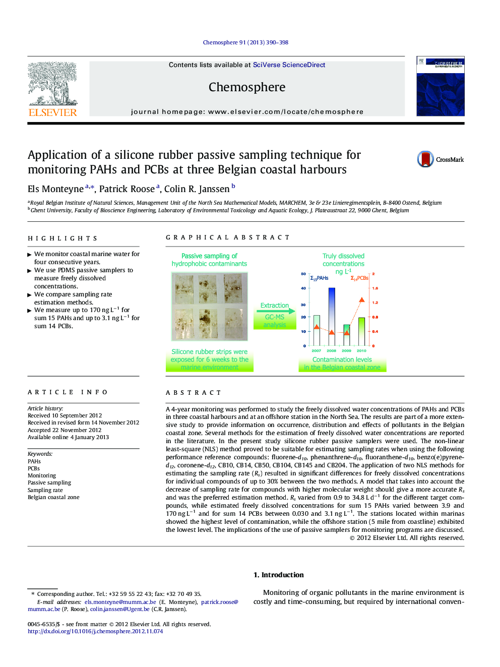 Application of a silicone rubber passive sampling technique for monitoring PAHs and PCBs at three Belgian coastal harbours