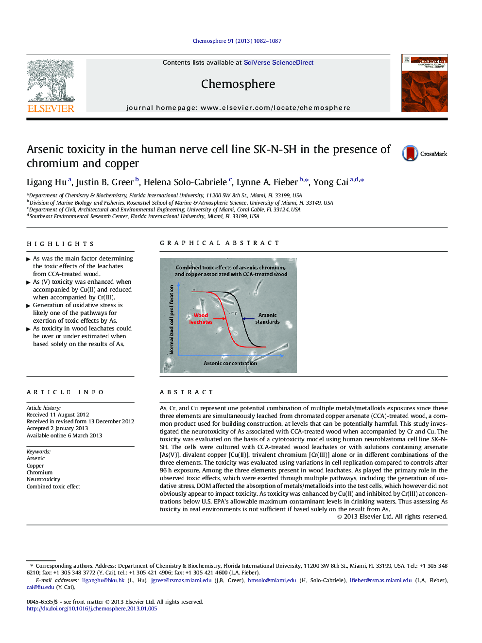 Arsenic toxicity in the human nerve cell line SK-N-SH in the presence of chromium and copper