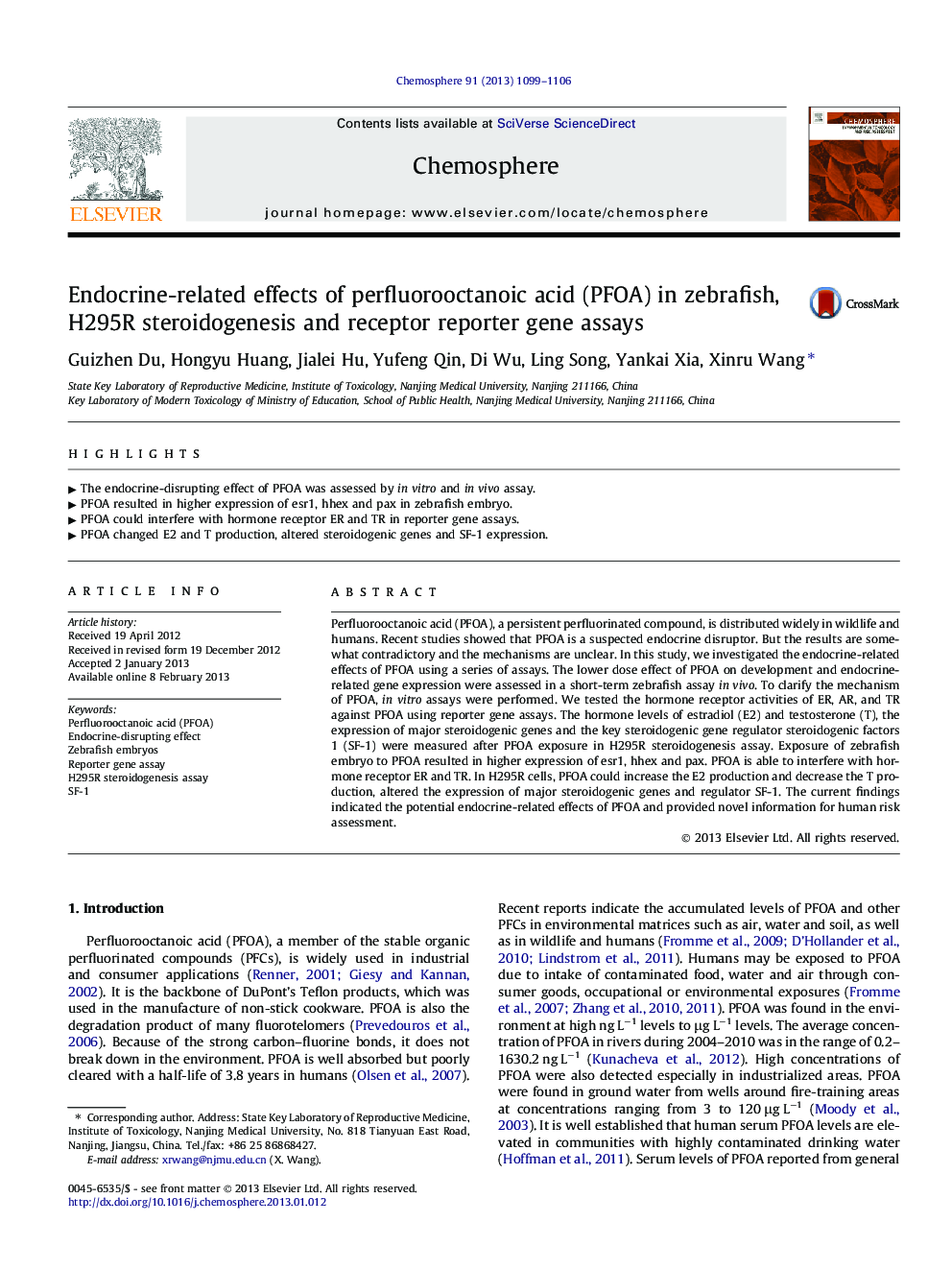 Endocrine-related effects of perfluorooctanoic acid (PFOA) in zebrafish, H295R steroidogenesis and receptor reporter gene assays