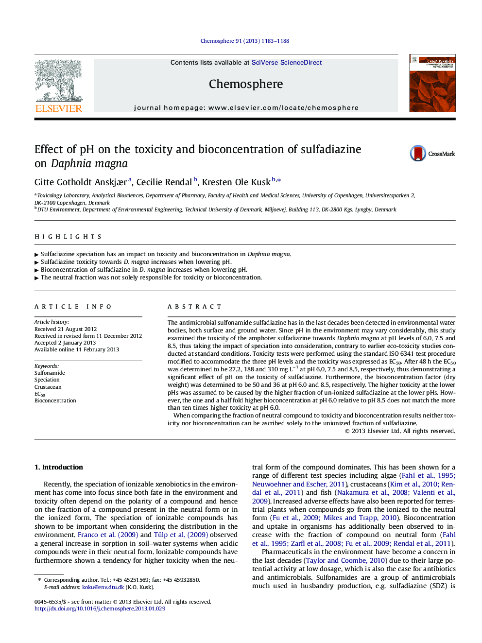 Effect of pH on the toxicity and bioconcentration of sulfadiazine on Daphnia magna