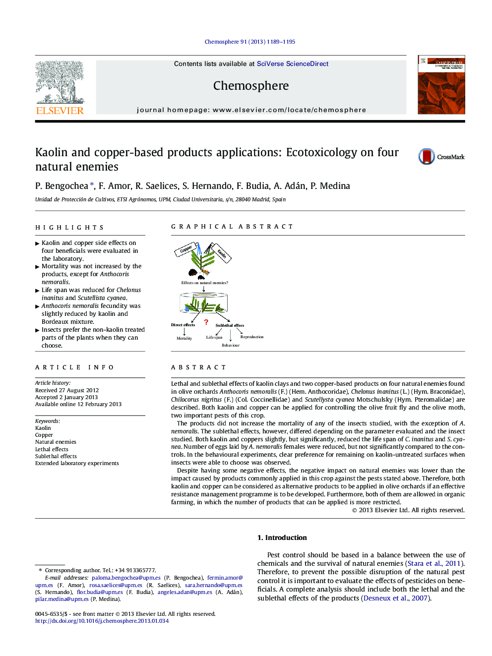 Kaolin and copper-based products applications: Ecotoxicology on four natural enemies