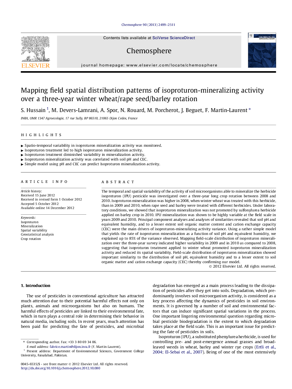 Mapping field spatial distribution patterns of isoproturon-mineralizing activity over a three-year winter wheat/rape seed/barley rotation