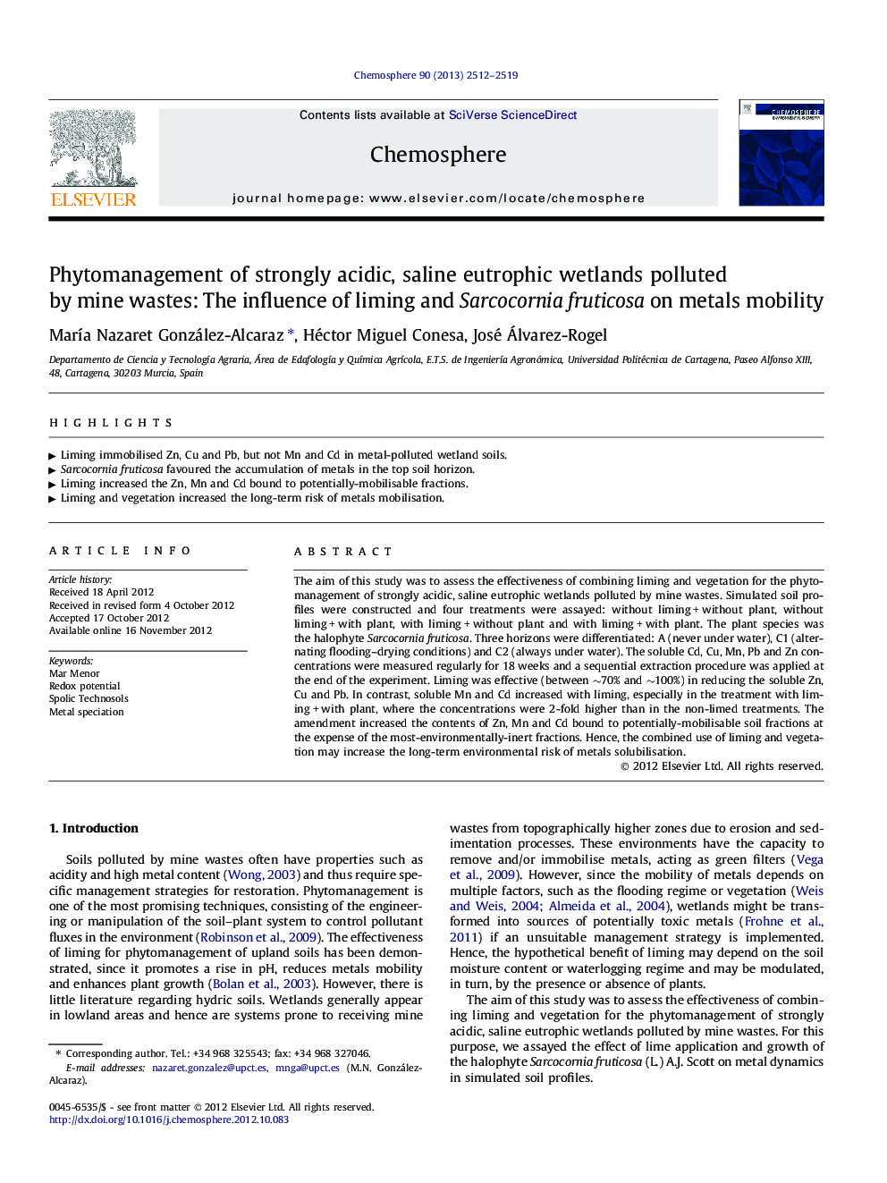 Phytomanagement of strongly acidic, saline eutrophic wetlands polluted by mine wastes: The influence of liming and Sarcocornia fruticosa on metals mobility