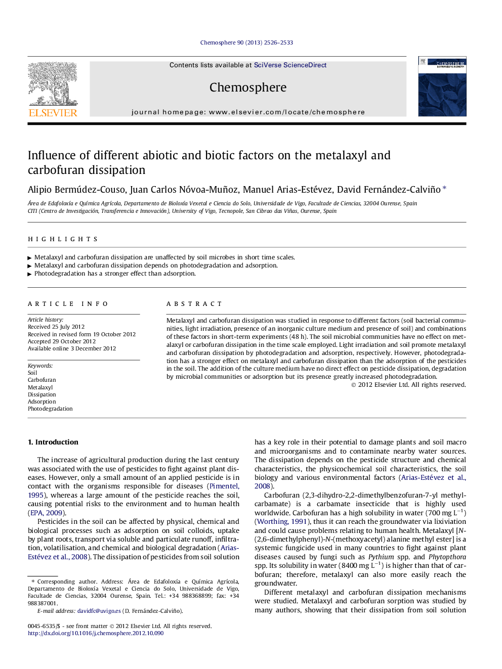 عکس صفحه اول مقاله: Influence of different abiotic and biotic factors on the metalaxyl and carbofuran dissipation Influence of different abiotic and biotic factors on the metalaxyl and carbofuran dissipation