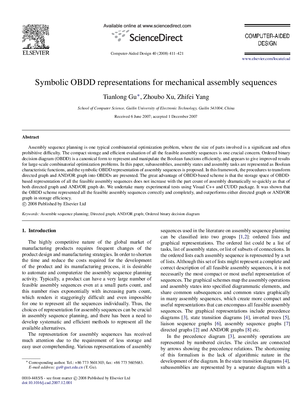 Symbolic OBDD representations for mechanical assembly sequences