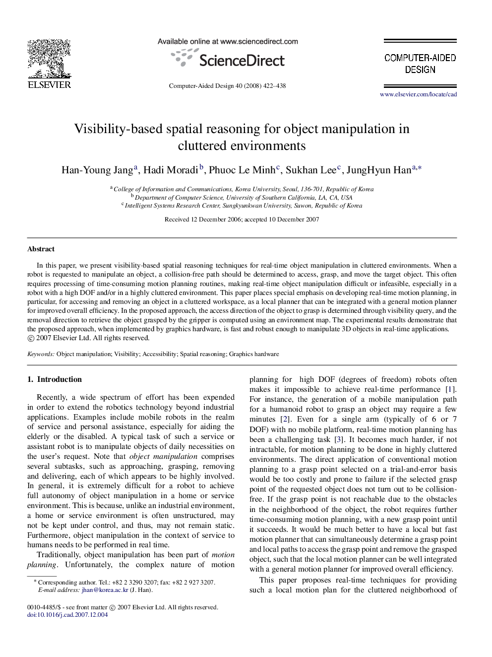 Visibility-based spatial reasoning for object manipulation in cluttered environments