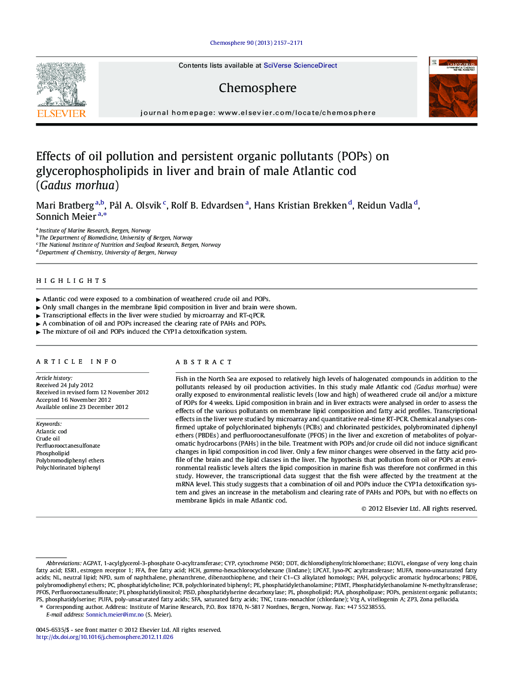 Effects of oil pollution and persistent organic pollutants (POPs) on glycerophospholipids in liver and brain of male Atlantic cod (Gadus morhua)