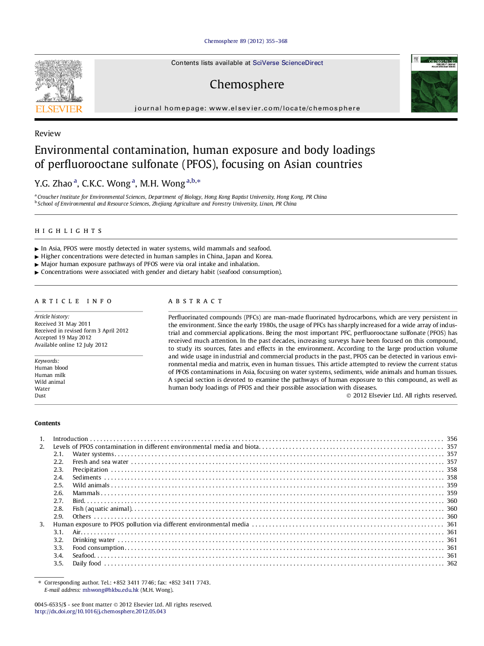 Environmental contamination, human exposure and body loadings of perfluorooctane sulfonate (PFOS), focusing on Asian countries