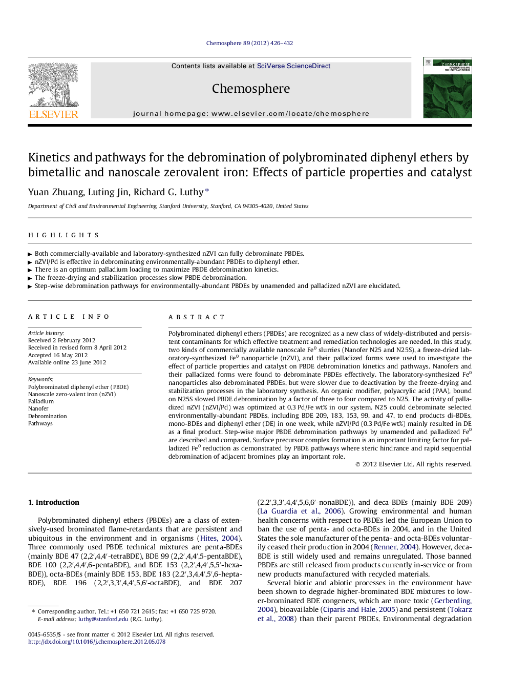 Kinetics and pathways for the debromination of polybrominated diphenyl ethers by bimetallic and nanoscale zerovalent iron: Effects of particle properties and catalyst