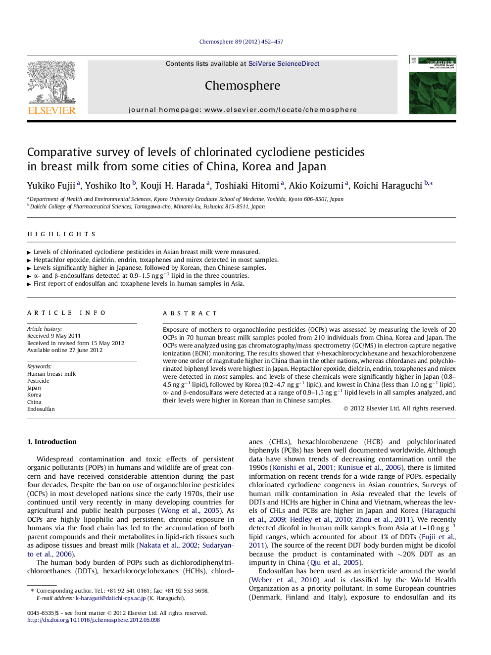 Comparative survey of levels of chlorinated cyclodiene pesticides in breast milk from some cities of China, Korea and Japan