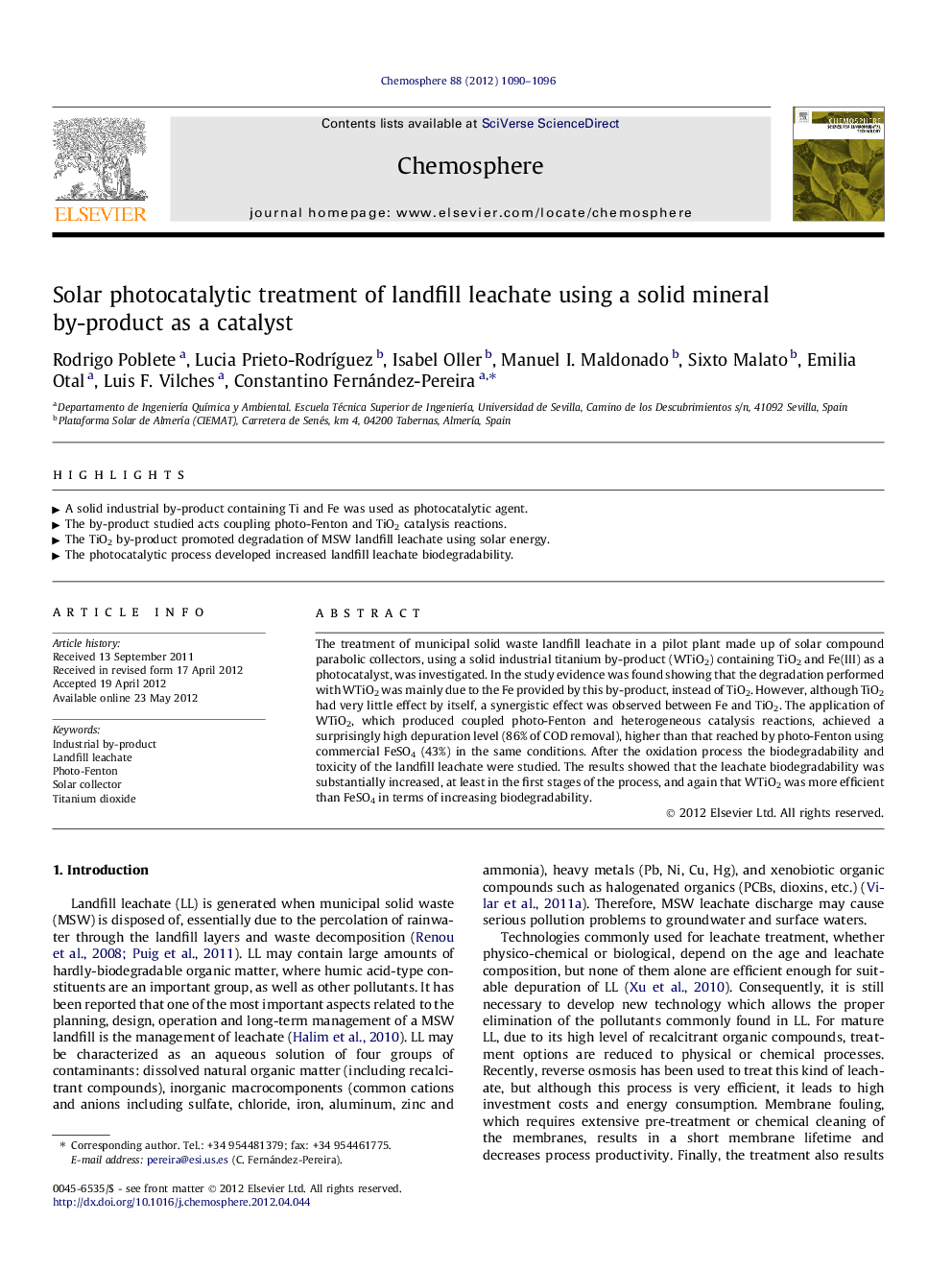 Solar photocatalytic treatment of landfill leachate using a solid mineral by-product as a catalyst