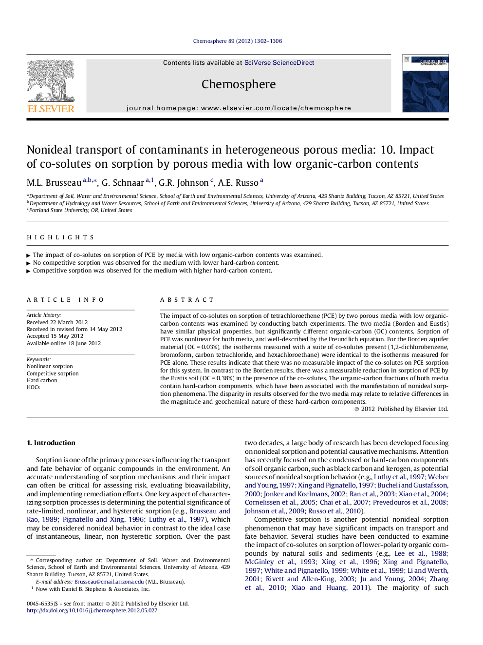 Nonideal transport of contaminants in heterogeneous porous media: 10. Impact of co-solutes on sorption by porous media with low organic-carbon contents