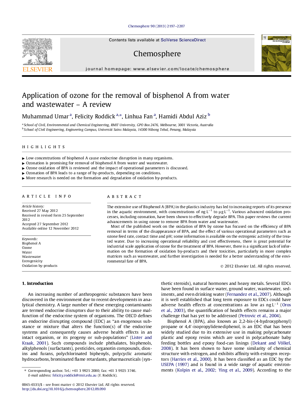 Application of ozone for the removal of bisphenol A from water and wastewater – A review