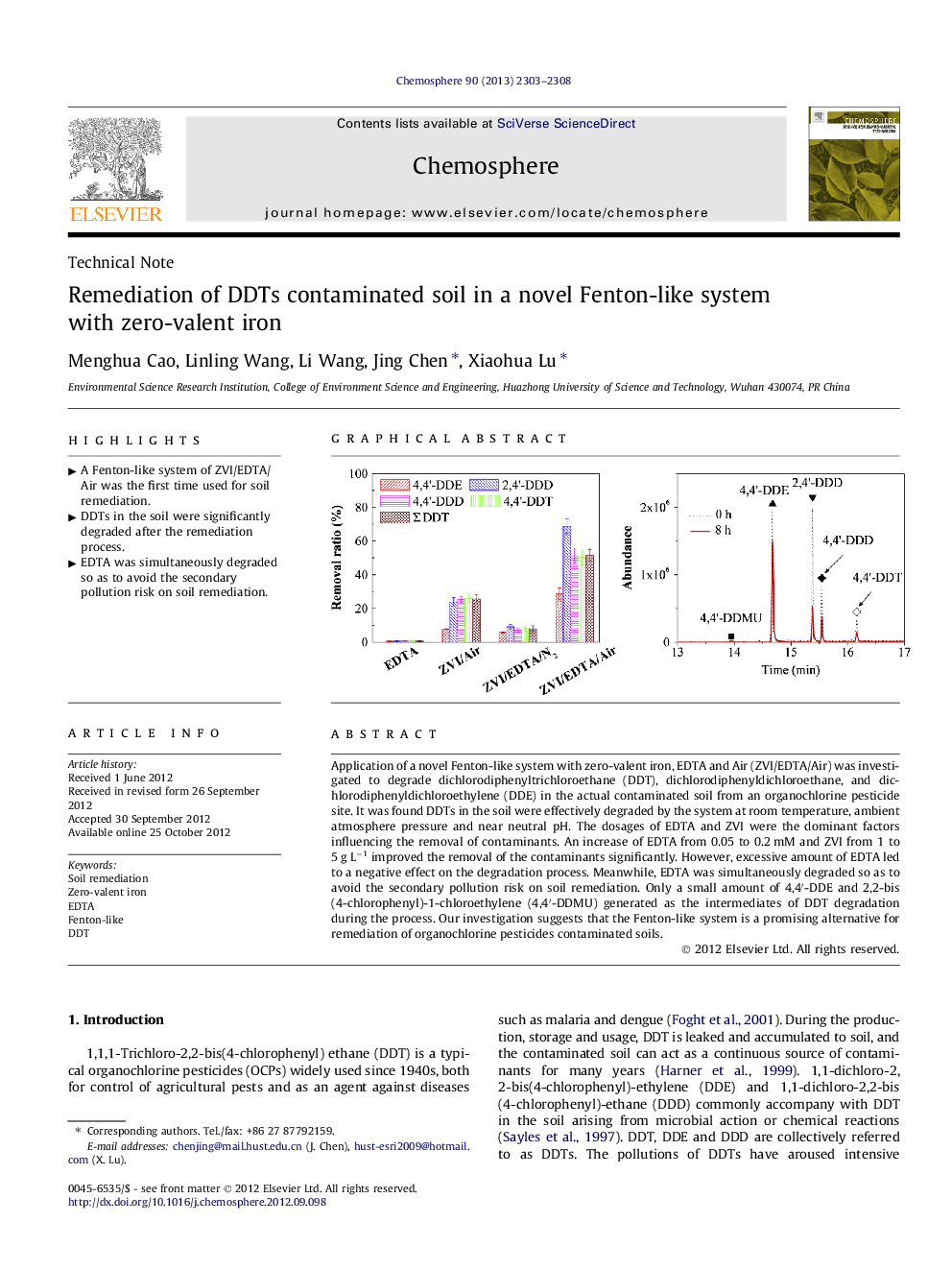 Remediation of DDTs contaminated soil in a novel Fenton-like system with zero-valent iron