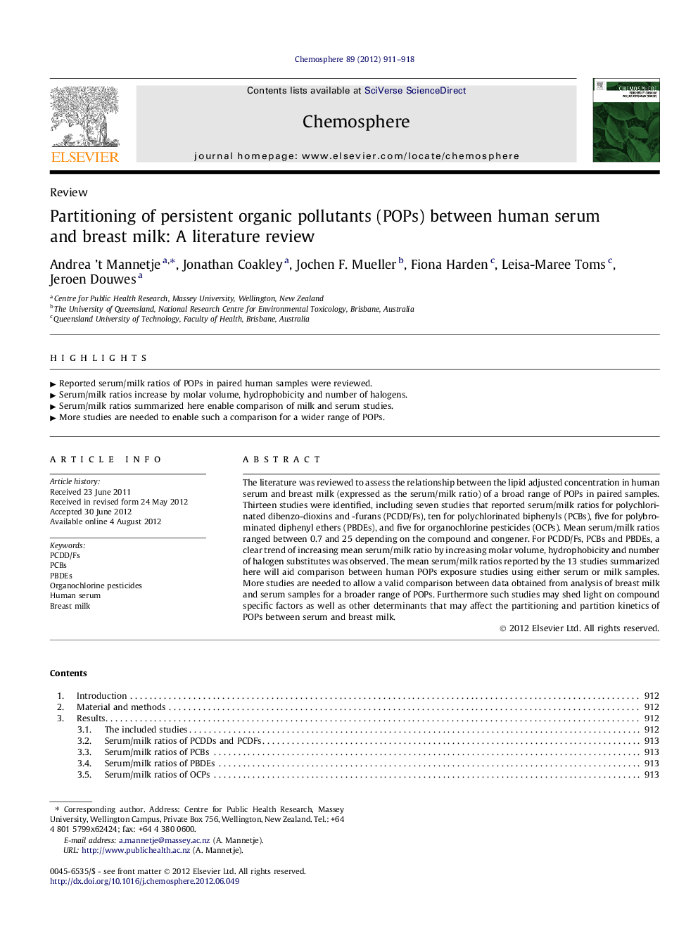 Partitioning of persistent organic pollutants (POPs) between human serum and breast milk: A literature review