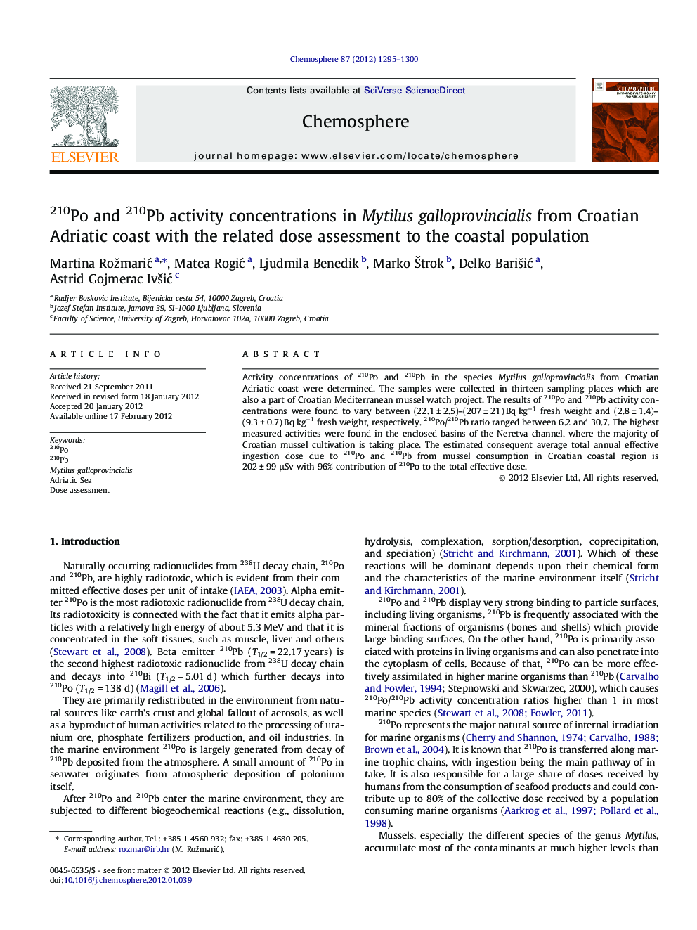 210Po and 210Pb activity concentrations in Mytilus galloprovincialis from Croatian Adriatic coast with the related dose assessment to the coastal population