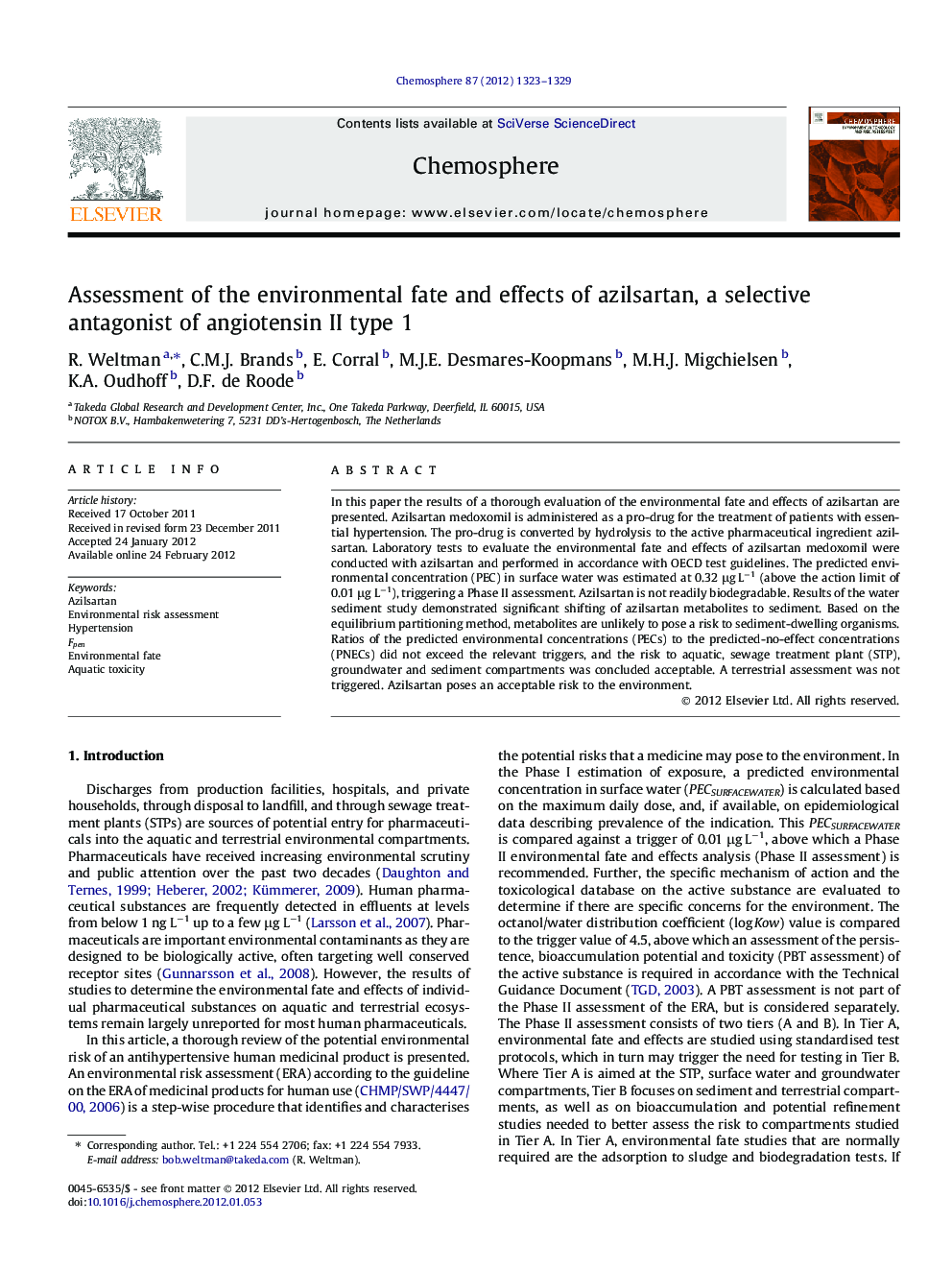 Assessment of the environmental fate and effects of azilsartan, a selective antagonist of angiotensin II type 1