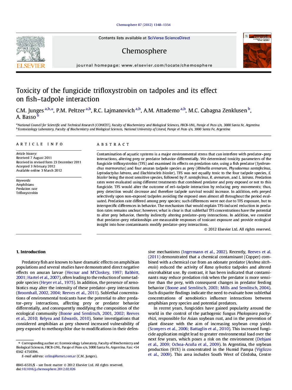 Toxicity of the fungicide trifloxystrobin on tadpoles and its effect on fish–tadpole interaction